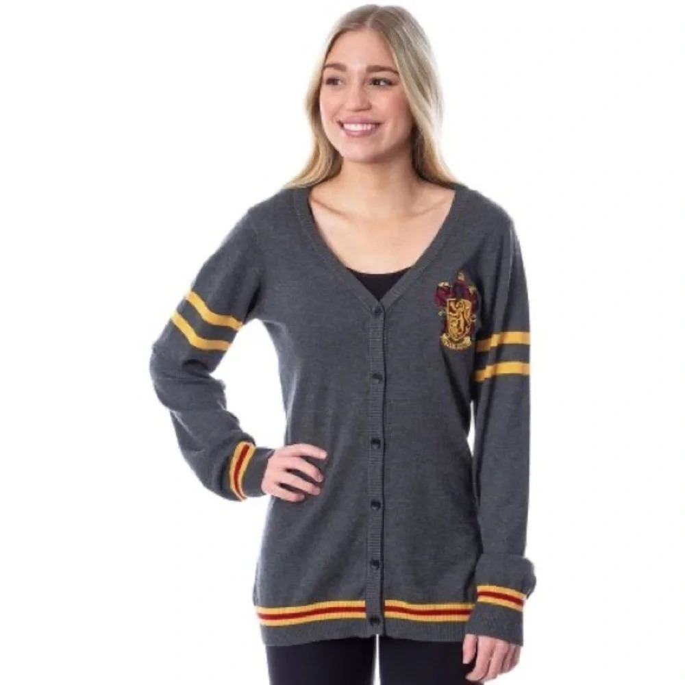 Harry Potter Size Small Gray Varsity Stripe Gryffindor Crest Cardigan Sweater